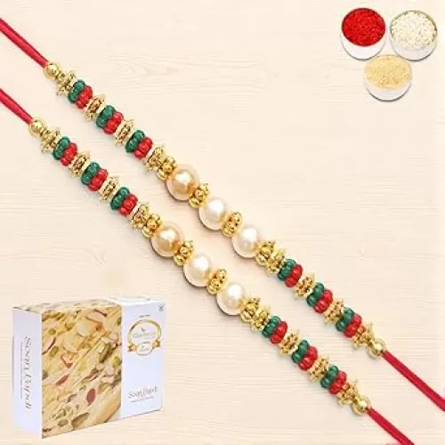 Ghasitaram Gifts Rakhi for Brother Rakhis Online - Set of 2 - Y-36 Pearl rakhi with 200 gms of Soan Papdi