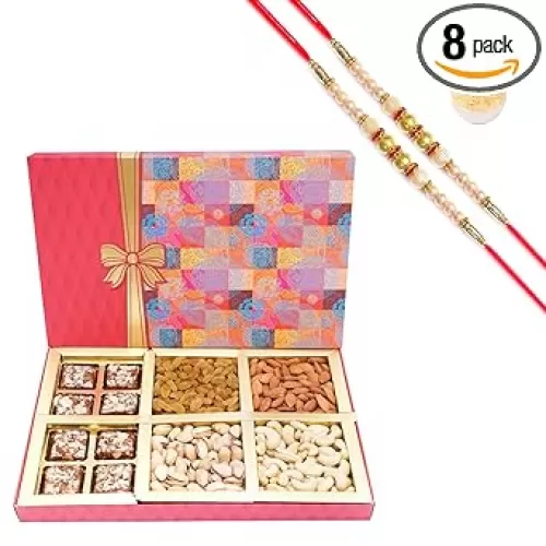 Ghasitaram Gifts Rakhi Gifts for Brothers Dryfruit - Fruit n Nut Box of 4 Dryfruits and Sugarfree Bites with 2 Pearl Rakhis