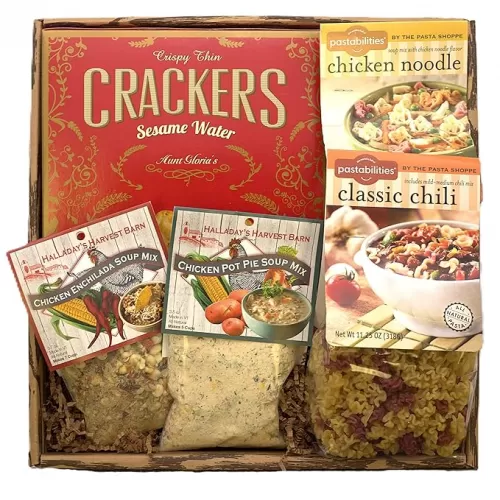 Gift Basket Village Get Well Soup Gift Basket – Includes Chicken Noodle, Chili, Chicken Pot Pie, & Chicken Enchilada Soup Mixes with Crackers, Ideal for Thank You Gifts or Bosses Day Gifts for Women