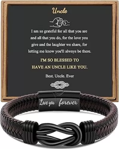 Gift for Men Infinity Bracelet for Men Dad Husband Boyfriend Son Grandson Brother Nephew Uncle Brown Braided Leather Forever Linked Together Stainless Steel Engraved with Love You Forever Jewelry 7.5|8.5|9 Inches