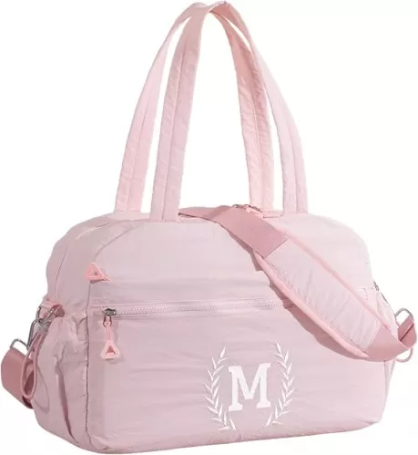 Gift for Women, Kid & Friend, Initial Girls Duffle Bag, Monogrammed Personalized Overnight Weekender, Birthday Gifts for Teen, Mom, Daughter, Grandmother, Dad (Pink, M)