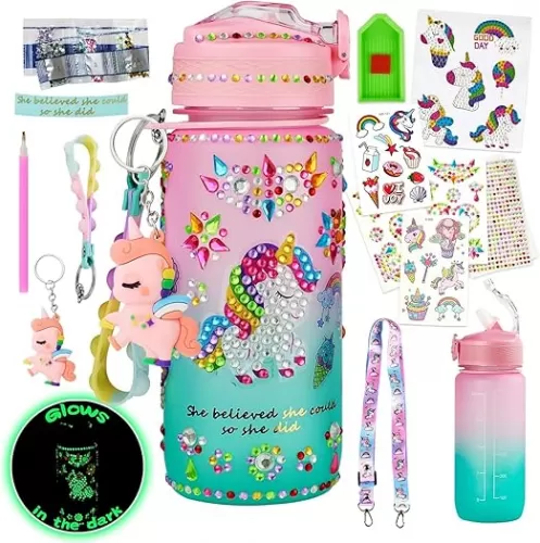 Glow in The Dark Decorate Your Own Water Bottle Kit, Unicorn Toy Gift for 4-6-8-10-12 Year Old Girl, Craft Toy for Age 3 4 5 6 7 8 9 10 Girl, Kid Teen Water Bottle Sticker for School Christmas Birthday