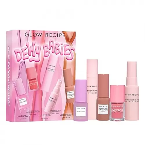 Glow Recipe Dewy Babies Travel Skincare Set - Plum Plump Hyaluronic Acid Serum + Dewy Flush Tinted Blush Drops + Pink Juice Face Moisturizer + Bronzing Hue Drops + Ultra Fine Facial Mist (5 Count)
