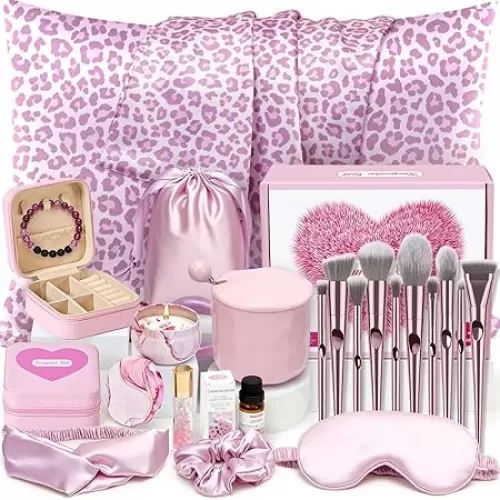Golray Gifts for Teen Girls - 21Pcs Teenager Gifts Basket with Leopard Satin Pillowcase/Makeup Brush/Mug, Christmas Birthday Gift Set for Women Daughter Sister Niece Tween Girl Kid Toy Age 10 12-18+