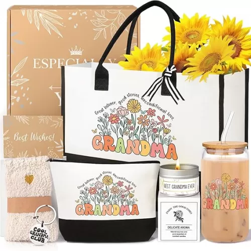 Grandma Gifts for Women Birthday Mothers Day Gifts Set from Granddaughter Grandson Grandchildren, 16 Oz Glass Cup Canvas Tote Bag Gift Basket Thanksgiving Ideas Gift for Grandmother
