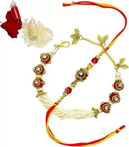 Handmade Kundan Ball And Glass Beads Rakhi Set for Bhai And Bhabhi | Unique Designer Handmade Couple Rakhi Set | Beautiful Handwoven 1 Pair of Rakhi For Brother and Sister-in-Law (Green Kundan Ball -