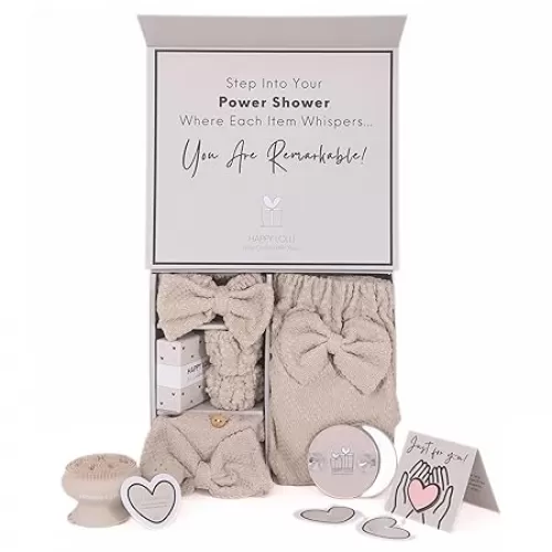 Happy Lolli Power Shower Gift Set – College Essential Bath Accessories for Women and Teen Girls – Includes Body Towel, Hair Towel, Wrist Bands, Headband, Face Sponge and More (Fresh in Beige)