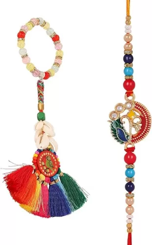 HATHKAAM 2 Pc Designer Multi Color Rakhi Lumba Set -for Brother & Bhabhi | Traditional Decorative Handmade Rakhi Lumba Set for Bhai Bhabhi | Combo Gift of Evil Eye Bracelet for Rakhsha Bandhan HKRL034