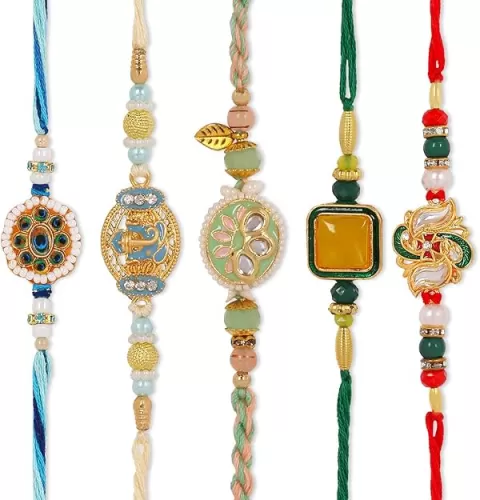 HATHKAAM 5 Pc Designer Rakhi Set for Brother & Bhabhi | Traditional Handmade Multi-Colour Rakhi Combo with Evil Eye Bracelet for Bhai, Bhabhi & Kids | Raksha Bandhan Gift Pack