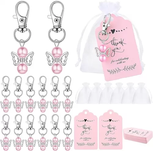 Hicarer 60 Sets Angel Keychains Baby Shower Favors 60 White Organza Gift Bags with Thank You Tags Angel Keychains for Guest (Pink)