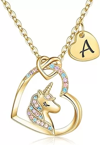 Hidepoo Unicorn Necklace Gifts for Girls Daughter - Colorful CZ Heart Pendant Initial Unicorn Necklaces for Girl Teens Little Girls Jewelry Birthday Gift
