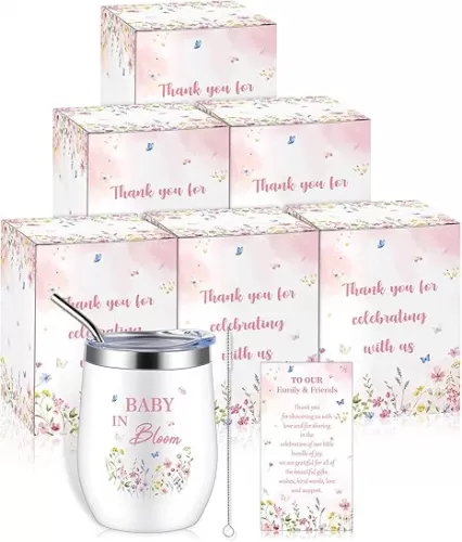 Hoolerry 6 Set Baby Shower Game Prizes 12 oz Insulated Stainless Steel Tumbler Cup with Lids, Straws, Cleaning Brush, Cards & Gift Boxes Return Gifts for Guests(Pink, Wildflowers)