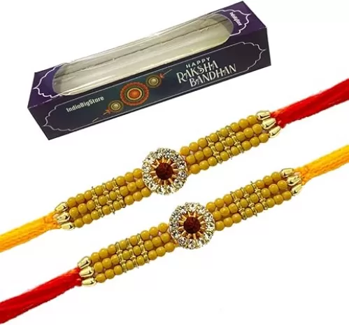 IndiaBigShop Rakhi for Brothers Round 12 Stone Beads Design Rakhi Thread, Raksha Bandhan Gift for your Brother Vary Color - Set of 2