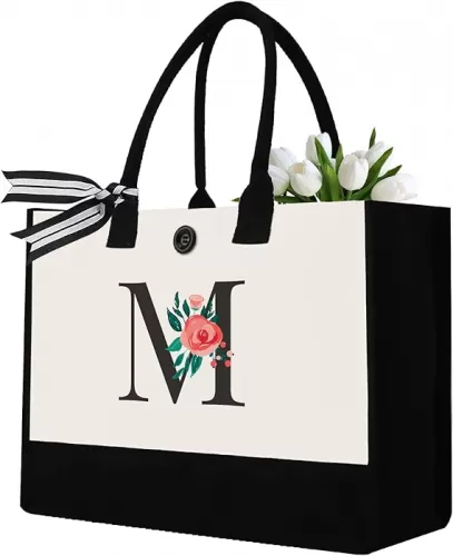 Initial Canvas Tote Bag, Personalized Birthday Gifts for Women Mom Friends Teachers, Monogrammed Tote Bags Suitable for Mother