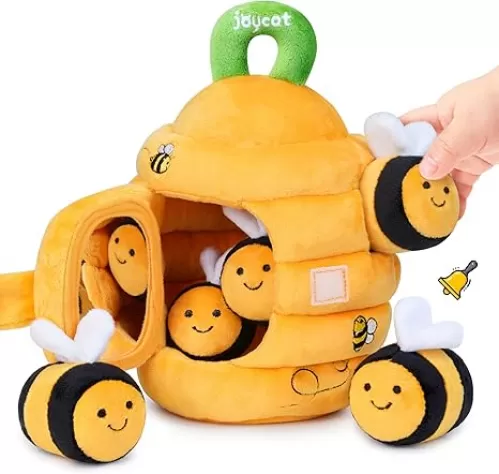 JoyCat Baby Toys 6-12 Months - Soft Baby Beehive with 5 Sensory Bees - Rattle, Crinkle Paper, Squeaker, Mirror, Busy Montessori Soft Toys for Toddlers 0-3 Years Old - Bee Plush Boy Girl Birthday Gift