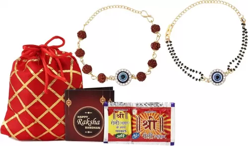Kalakriti Rakhi for Brother Combo Set of 2 With Roli Chawal, Raksha Bandhan Greeting Card and Potli Bag Gift Pack