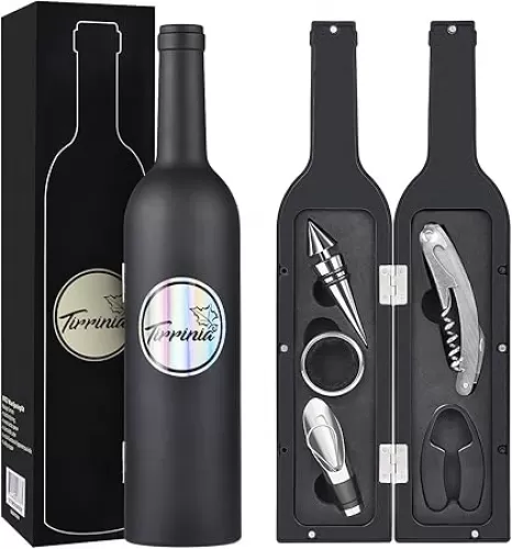 Kato Wine Accessories Gift Set - Bottle Corkscrew Opener Kit, Drip Ring, Foil Cutter, Wine Pourer and Stopper in Novelty Bottle-Shaped Case - Valentine