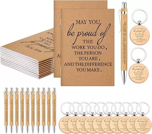 Kosiz 30 Pcs 10 Sets Back to School Gifts Bulk Motivational Notebooks Bulk Inspirational Bamboo Pens Keychains Thank You Appreciation Gifts for First Day of School Party Teachers Students
