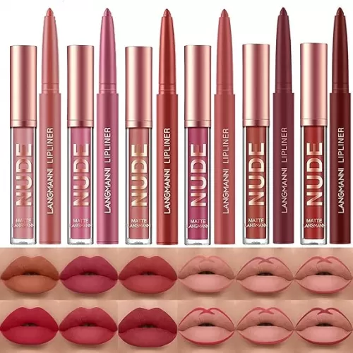 LANGMANNI 6 Matte Lipstick with 6 Lipliners Durable Makeup Set, Long-Lasting Non-Stick Cup Not Fade Waterproof Pigmented Velvet Lipgloss Kit Beauty Cosmetics Makeup Gift for Girls (#A)