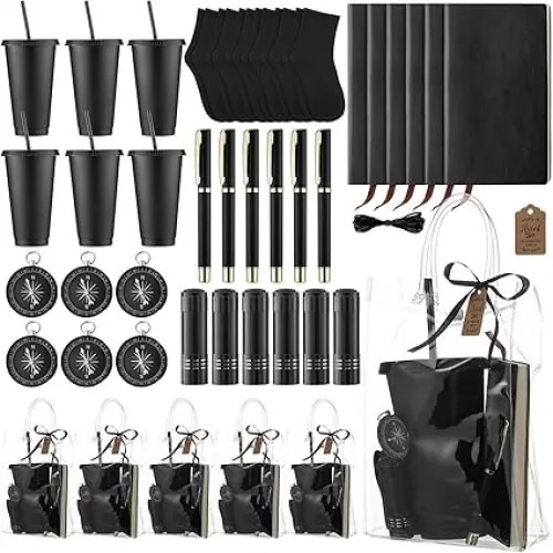 Leinuosen 6 Set Baby Shower Prizes for Men Baby Shower Favors Gifts Including Black Plastic Cups Socks Compasses Pens Notebooks Flashlights with Gift Bags Labels and Ribbons for Men Groomsmen