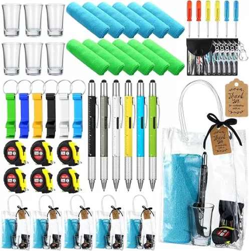 Leinuosen 6 Set Baby Shower Prizes for Men with Cleaning Cloth Bottle Opener Screwdriver Tape Measuring Keychain Multi Tool Pen Gift Bag Baby Shower Game Prizes for Winner Bachelor Party (Blue, Green)
