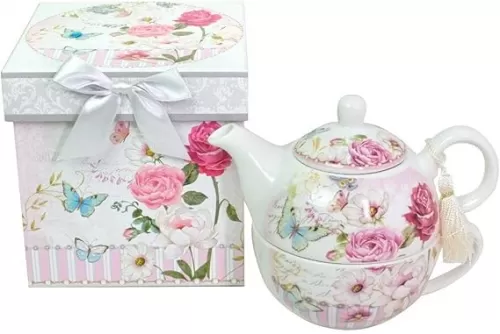 Lightahead Bone China Tea for One Set in Rose Design, in attractive Reusable Handmade Gift Box (With Ribbon)