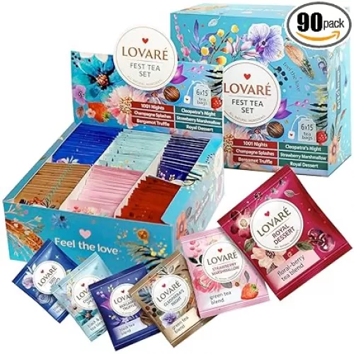 LOVARE Black and Green Tea Bags Variety Pack - Made in Ukraine Tea Sampler - Individually Wrapped 90 Assorted Tea Bags - Gift Box For Tea Lovers (FEST TEA SET)