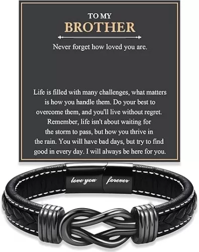 Love You Forever Leather Bracelet Gifts for Men Him Teen Boys, To My Brother Son Grandson Nephew Friend Dad Husband Christmas Birthday Valentines Fathers Day Graduation Back to School Gifts