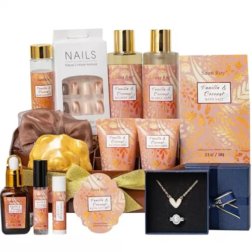Luxury Gifts for Women, 16 Pcs Spa Gifts for Women of Coconut & Vanilla Scents Skin Care Kit, Facial Kit with Face Day Cream, Night Cream, Skincare Set, Skin Care Set Wrap in Makeup Storage Box