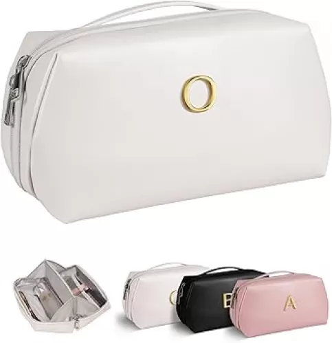 Makeup Bag, Personalized Bridesmaid Gift, Bride Proposal, Monogrammed Skincare Pouch, Best Friend Initial Gifts, Wide Open Cosmetic Bag, Large Capacity Travel Toiletry Bag With Handle