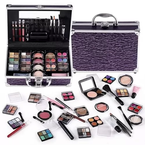 Makeup Kit for Teen Girls & Women Full Kit, Beauty Train Case with Starter Cosmetic Set, Make Up Christmas Gift Box with Eyeshadow, Lipgloss, Highlighter, Blush, Lip&Eye Pencils, Brush & More(Purple)