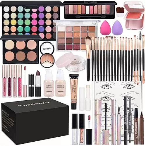 Makeup Kit for Women Full Kit、 Makeup Gift Set for Beginners Teenager，Makeup Sets for Teens、 Multipurpose Makeup ，eyeshadow、 liquid foundation, Loose powder, Eyebrow pencil, 4-color lip gloss set
