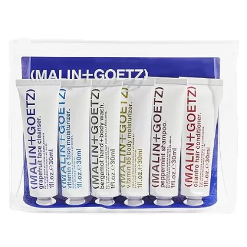 Malin + Goetz Essentials Starter Kit, Set of 6, 1 Fl. Oz. – Face Cleanser, Face Moisturizer, Hand & Body Wash, Body Moisturizer, Hair Shampoo & Conditioner - Travel Size Toiletries