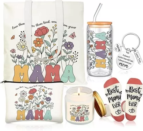 Mama Gifts Ideas for Birthday, Best mother Gift from Daughter Son Husband, 17 oz Glass Cup Canvas Tote Bag for Women Mother Wife Birthday