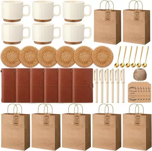 Marsui 6 Sets Kraft Baby Shower Game Prizes for Winners Baby Shower Guest Gifts Ceramic Mugs with Metal Spoons Woven Coasters and PU Notebooks with Pens Gift Bags and Tags for Wedding Bridal Favor