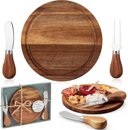 Maxcheck 1 Set Baby Shower Bridal Game Prizes for Winners Round Cheese Board Set Wood Mini Charcuterie Board with Knives and Forks Bulk Thank You Card with Gift Box for Guests Wedding Favor (Acacia)