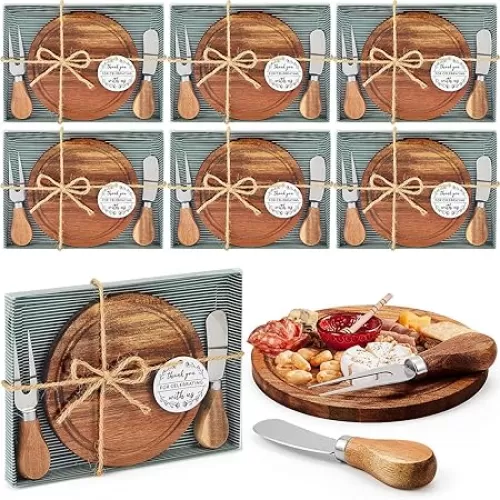 Maxcheck 6 Sets Baby Shower Bridal Game Prizes for Winners Round Cheese Board Set Wood Mini Charcuterie Board with Knives and Forks Bulk Thank You Card with Gift Box for Guests Wedding Favor (Acacia)