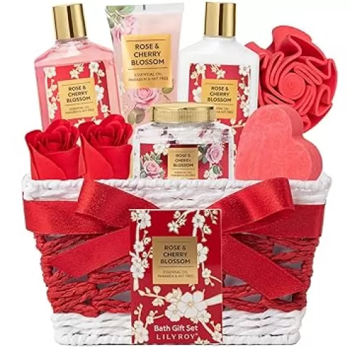 Mothers Day Gifts for Mom - 9 Pcs Rose Pampering Bath and Body Gift Basket Set for Women, Gift with Shower Gel | Valentine