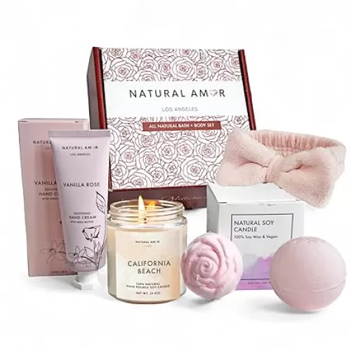 Natural Amor Relaxation Spa Gifts for Women, 4pcs Gift Box Including Candle, Hand cream, Bath Bomb
