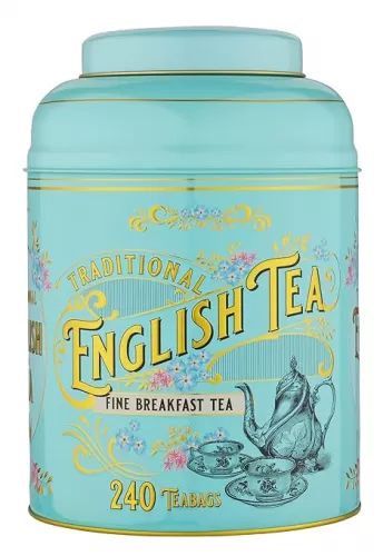 New English Teas Vintage Victorian Tea Tin with 240 English Breakfast Teabags for Tea Lovers, Forget Me Not Florals & Classic Tea Set Design