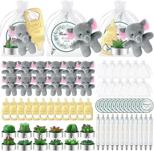 Nuanchu 72 Pcs Baby Shower Favors for Guests Baby Shower Thank You Gifts Prizes Mini Elephant Stuffed Animals Ballpoint Pens Bottle Opener Succulent Cactus Candle with Card Organza Bags for Party