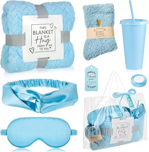 Nuogo 1 Set Baby Shower Prizes Gift for Winners Baby Shower Winner Gifts Party Favors Include Blankets Eye Masks Silk Headband Tumbler Bag Socks Tag and Ribbon for Party Wedding Bridal Favors (Blue)