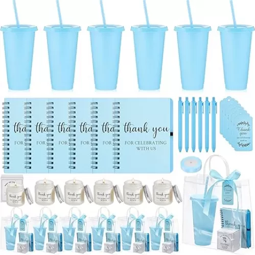 Nuogo 6 Sets Baby Shower Prizes for Player Winners Adults Include Plastic Tumbler Notebook Scented Candles Ballpoint Pen Gift Bag, Baby Shower Player Winner Gifts Bridal Game Gifts(Blue)