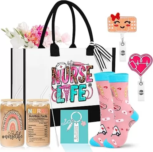 Nurse Gifts Set for Women Nurses Appreciation Gifts Nurse Week Gift for Female, Nurses Birthday Gift Set Included Canvas Bag, Socks, Keychain, 16 Oz Can Glass, Badge Reels