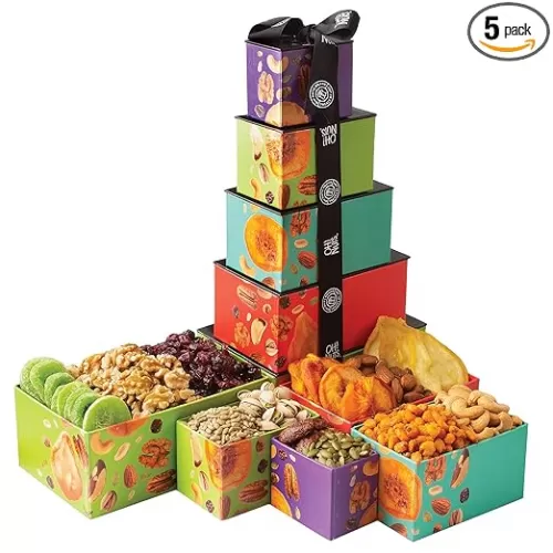 Oh! Nuts Dried Fruit and Nuts Gift Basket Tower with Black Ribbon Gift Basket, 5 Tier Gourmet Arrangement Platter, Healthy Kosher Snack Box for Birthday, Anniversary