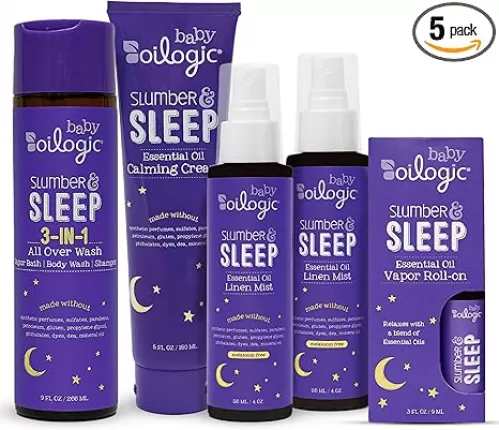 Oilogic Slumber & Sleep Bath Baby Essentials Gift Set - Includes All Over Wash, Calming Cream, Sleep Spray & Roll-On Essential Oils - Pediatrician-Tested Sleep, Comfort & Wellness Blends for Babies