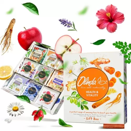 Olinda Health & Vitality Tea Gift Box Tea Samplers Organic Tea Bags Low Caffeine Detox Energy Tea Natural Herbal Gift Set Premium 9 Vareity Pack Individually Wrapped 45 Tea Bags 1 Tea Box Tea Gifts for Women