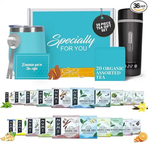 Organic Gift Set with Portable Kettle - 36 Piece Gift for Tea Lovers - Includes Insulated Mug, Assorted Organic Teas, Honey Sticks & Accessories - Ultimate Brewing Experience