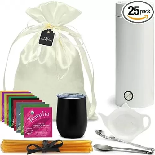 Organic Tea Gift Set with Portable Kettle (25 Piece) Tea Lovers Basket for Women or Men | Birthday Present (Christmas Xmas Mom Mother Teacher Co-Worker)