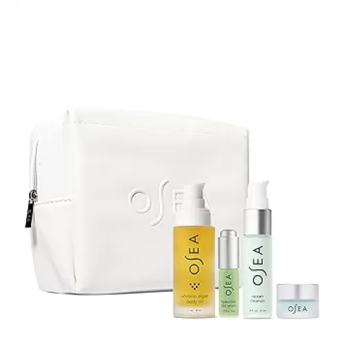 OSEA Bestsellers Discovery Skincare Set - 4-piece Skin Care Set - Vegan Leather Pouch, Body Oil, Face Cleanser, Water Cream, & Hyaluronic Acid Serum - Clean Beauty Travel Set - Ideal for Beauty Gifts